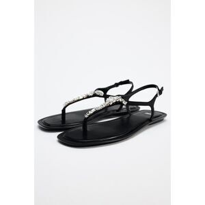Black Zara Rhinestone Jewel Embellished Open-Toe Ankle Strap Flat Sandals (NWT)